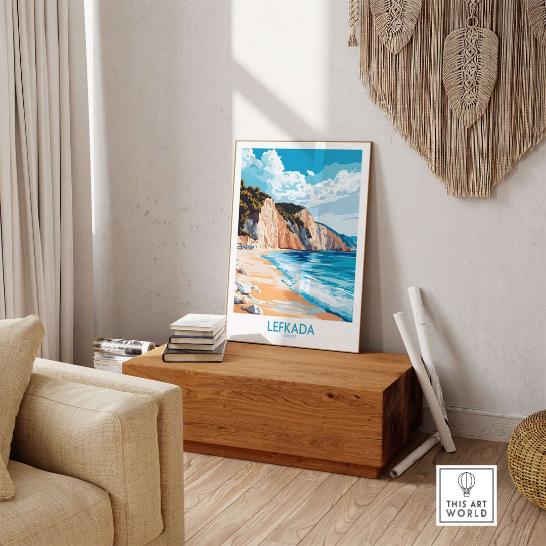 Lefkada Wall Art Print showcasing a serene Greek beach scene, adding coastal charm to any room decor.