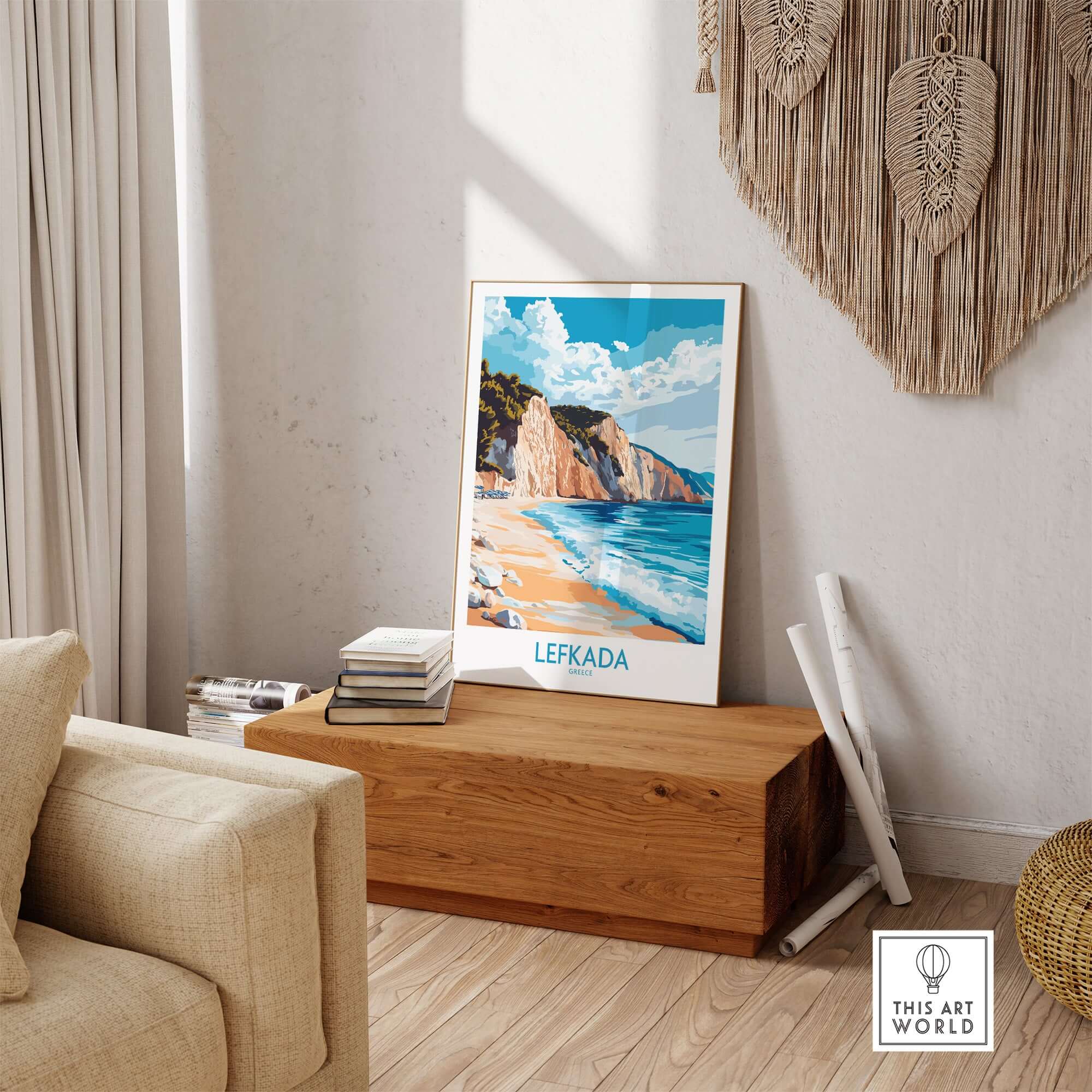 Lefkada Wall Art Print displayed in a cozy living room, showcasing a serene Greek beach scene.