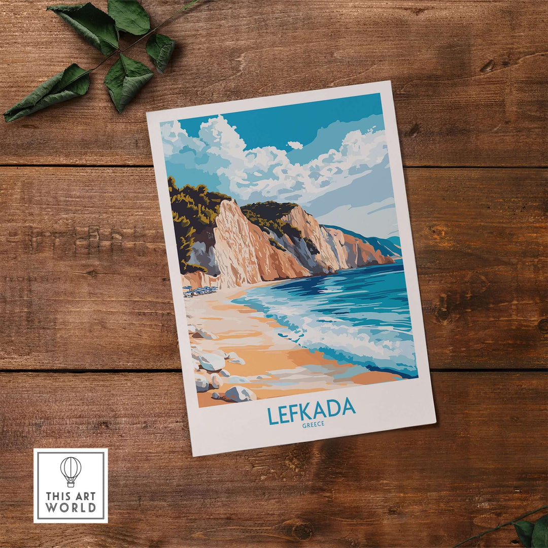 Lefkada Wall Art Print featuring a serene Greek beach scene, perfect for adding coastal charm to your home.