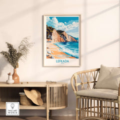 Lefkada Wall Art Print showcasing a vibrant Greek beach scene, perfect for adding coastal charm to any room.