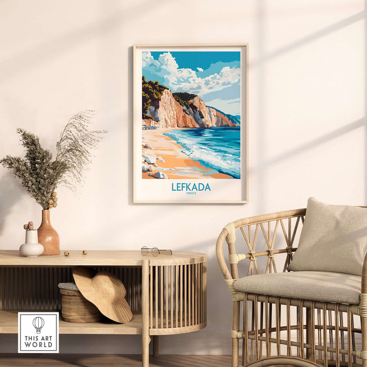 Lefkada Wall Art Print showcasing a serene beach scene, perfect for adding coastal charm to your home decor.