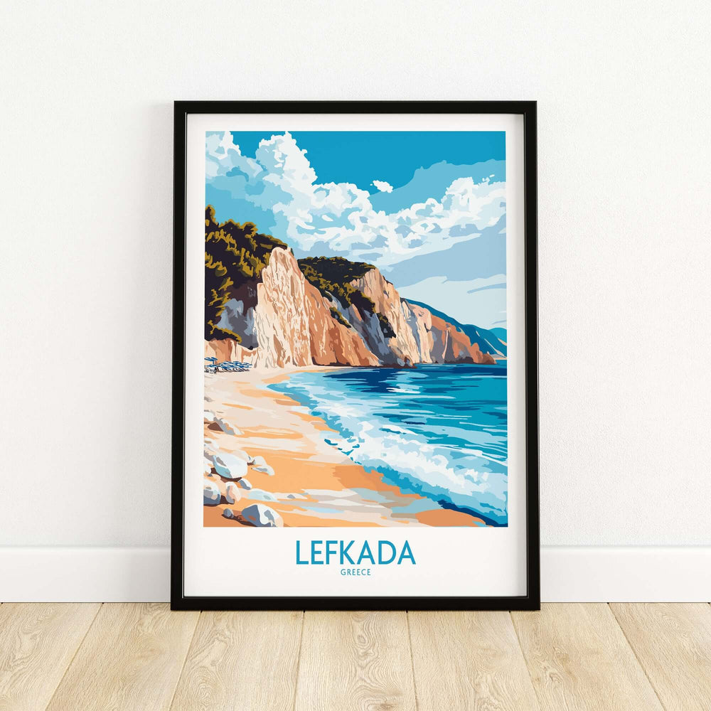 Lefkada Wall Art Print featuring a serene Greek beach scene with cliffs and vibrant ocean waves.