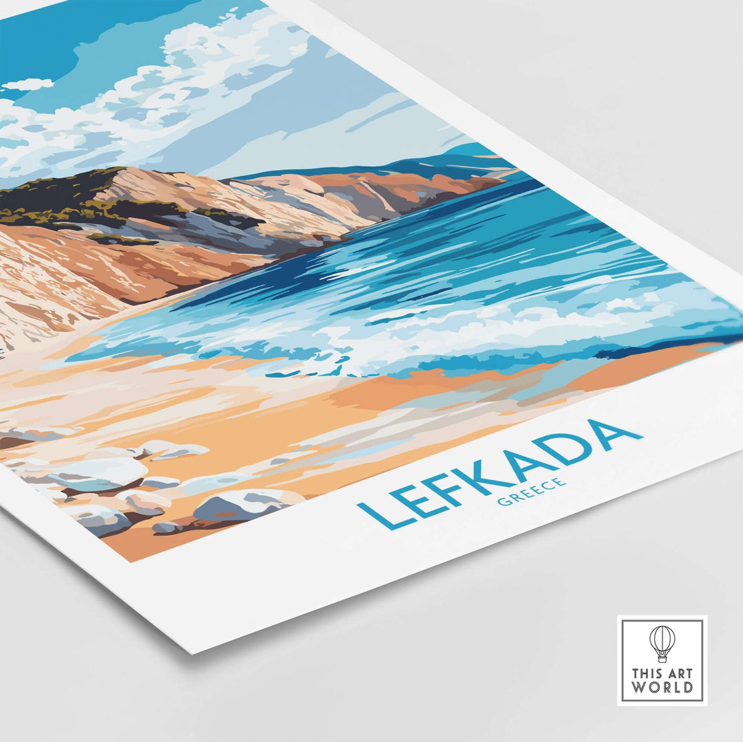 Lefkada Wall Art Print featuring a serene Greek beach scene with clear blue waters and sandy shore.