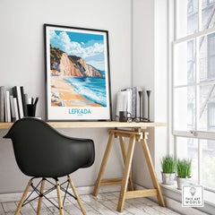 Lefkada Wall Art Print showcased in a stylish room, capturing the serene beauty of a Greek beach.
