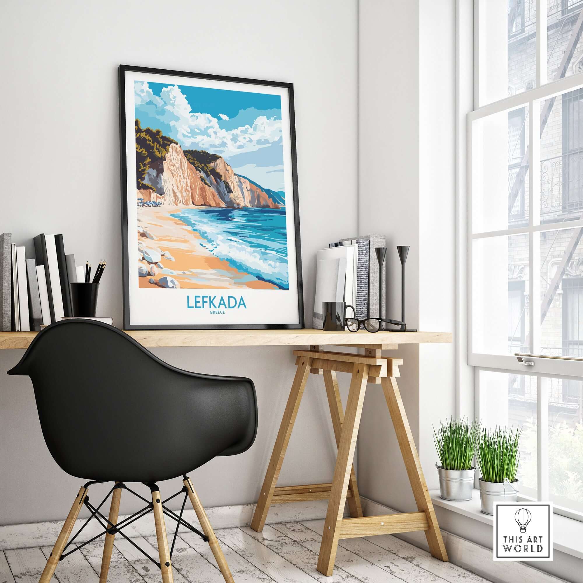 Lefkada Wall Art Print showcased in a stylish room, capturing the serene beauty of a Greek beach.