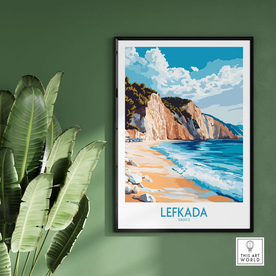 Lefkada wall art print showcasing a serene Greek beach, perfect for coastal home decor.