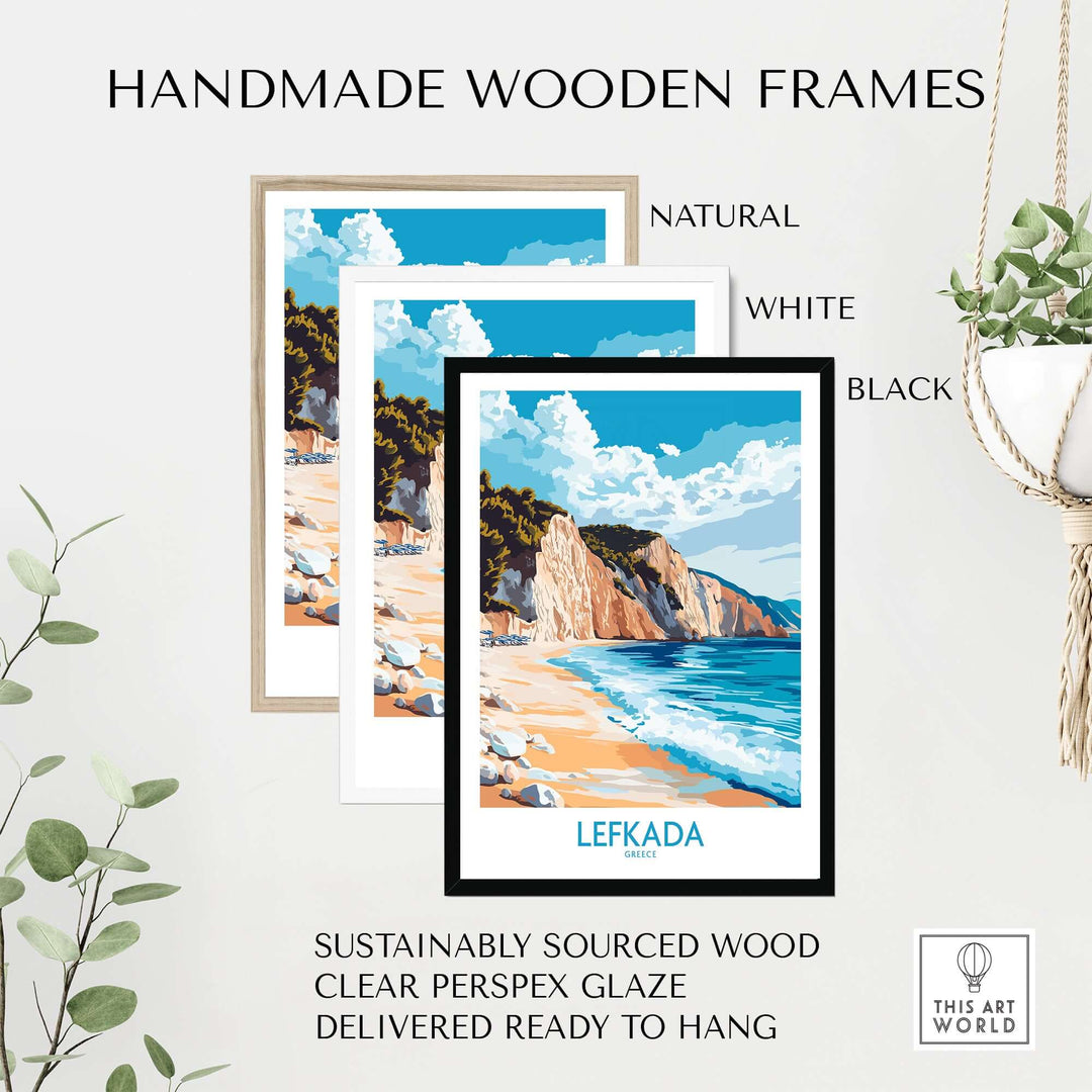 Lefkada Wall Art Print displayed in natural, white, and black handmade wooden frames with a coastal scene.