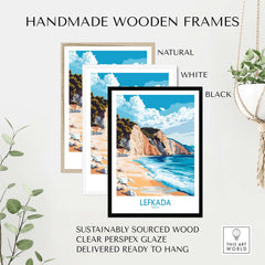 Lefkada Wall Art Print displayed in handmade wooden frames available in natural, white, and black finishes.