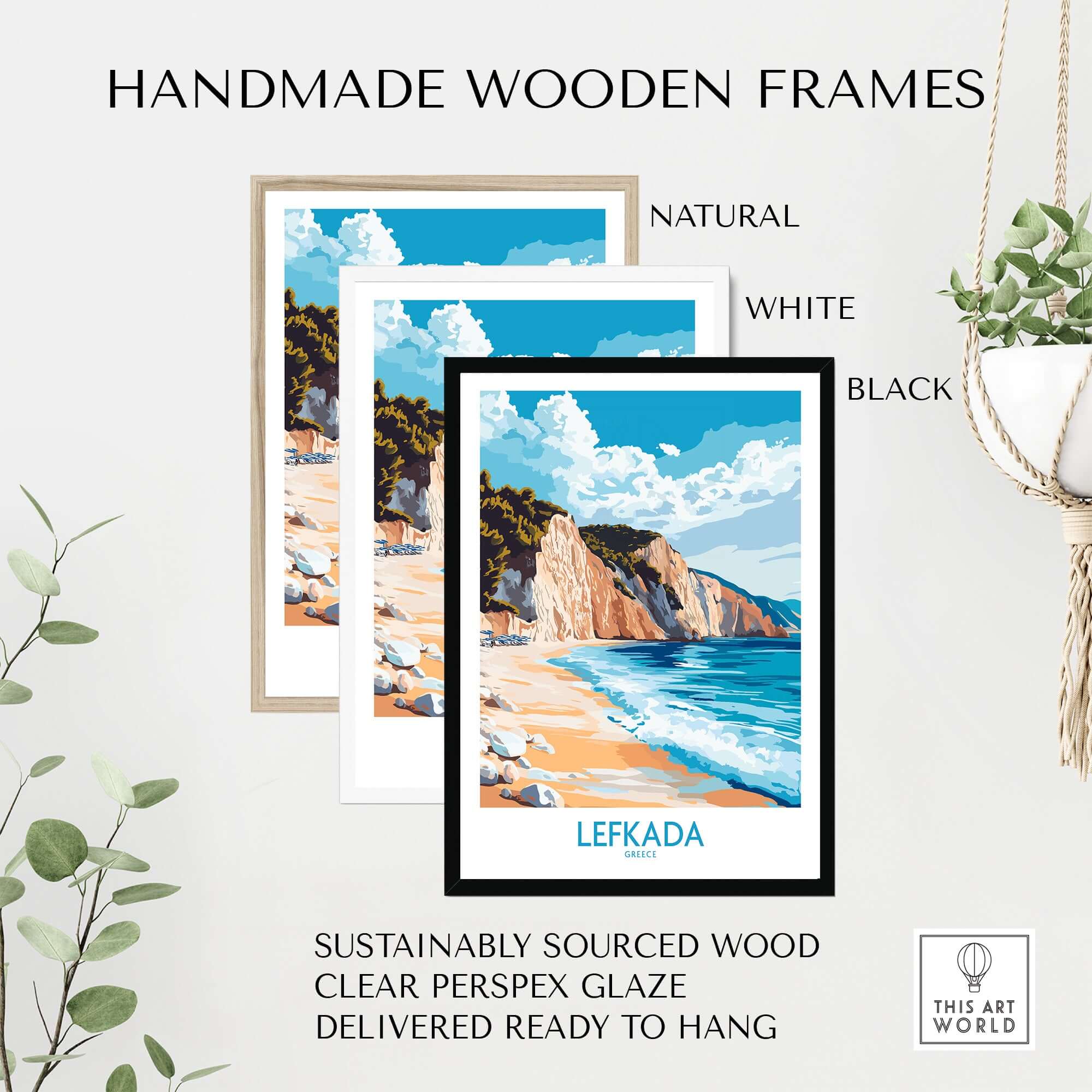 Lefkada Wall Art Print displayed in handmade wooden frames available in natural, white, and black finishes.