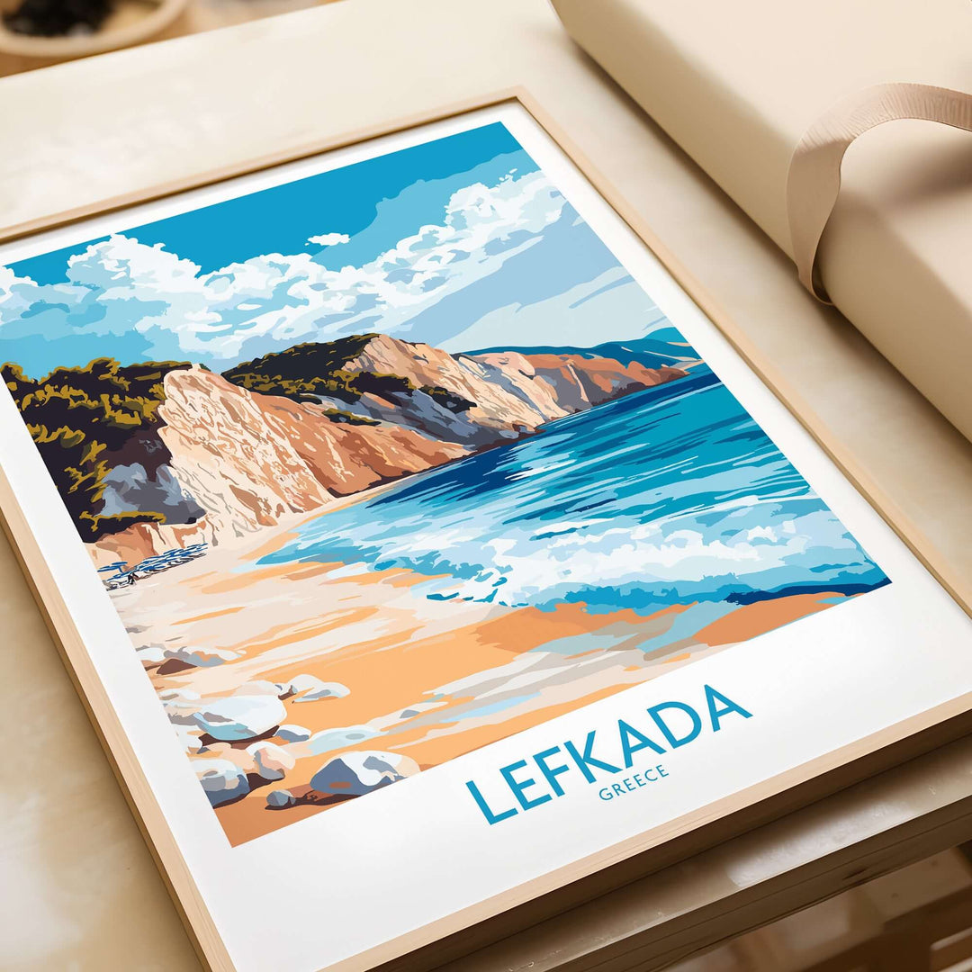 Lefkada Wall Art Print featuring a vibrant Greek beach scene with blue ocean and cliffs.