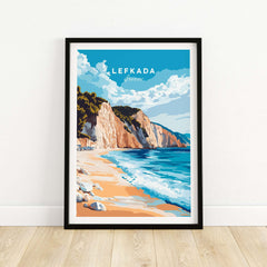 Lefkada Wall Art featuring a serene beach scene in Greece with cliffs and ocean waves.
