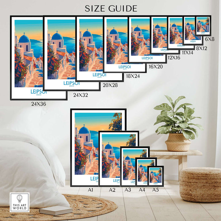 Size guide for Leipsoi Greece wall art print featuring various frame sizes displayed in a stylish interior setting.