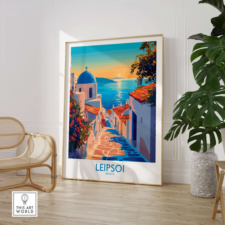 Vibrant Leipsoi Greece wall art print showcasing scenic views and colorful architecture in a stylish interior setting.