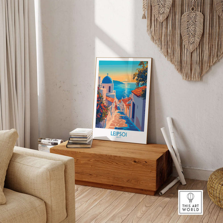 Leipsoi Greece wall art print displayed in a cozy living room setting, showcasing vibrant colors and scenic island details.