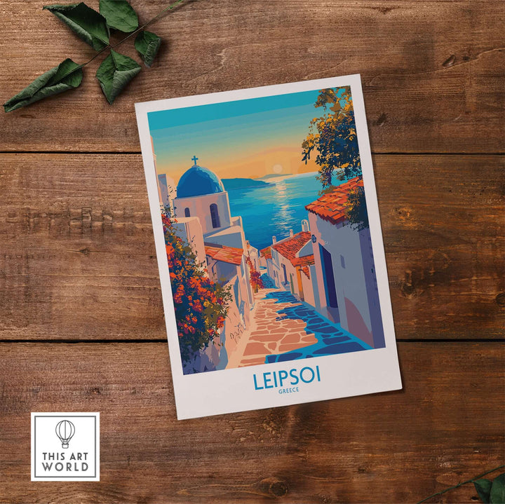 Leipsoi Greece wall art print showcasing vibrant colors and scenic island views on a wooden background.