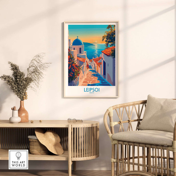 Leipsoi Greece wall art print displayed in a cozy living space with vibrant colors and scenic coastal details.