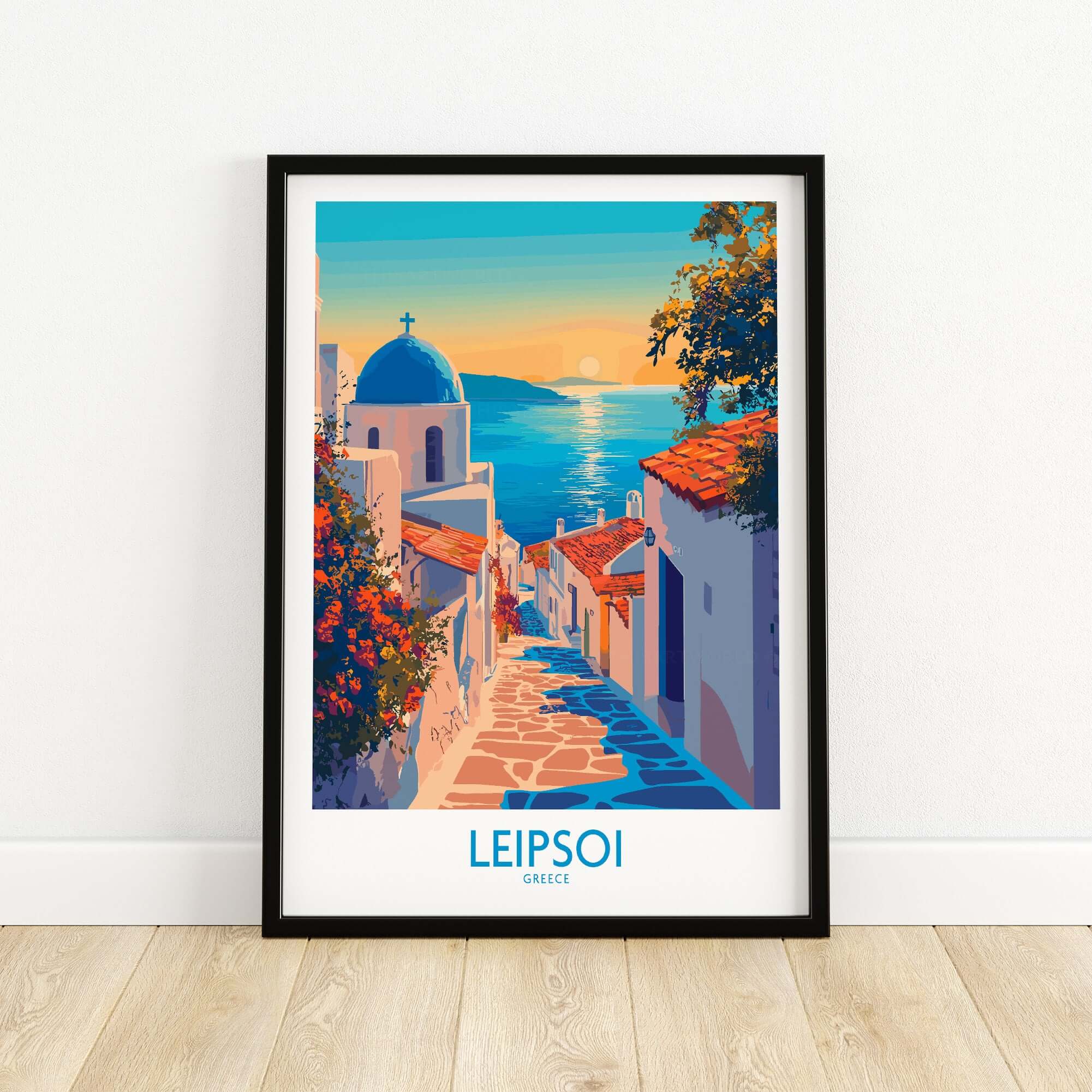 Leipsoi Greece Wall Art Print showcasing a vibrant coastal scene with colorful buildings and a blue dome.