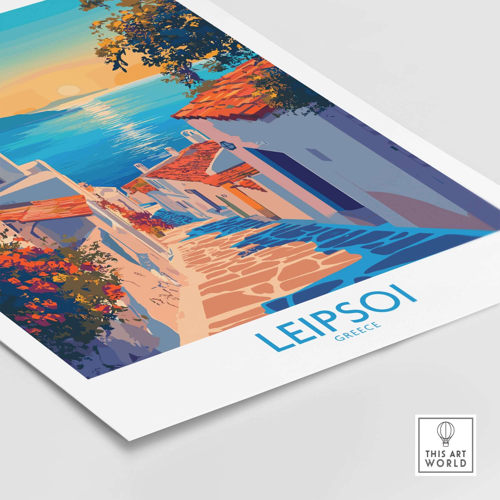 Leipsoi Greece Wall Art Print showcasing vibrant colors and picturesque scenery of a coastal street.