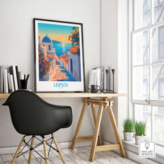 Leipsoi Greece Wall Art Print displayed in a stylish office setting with vibrant colors and serene coastal view.