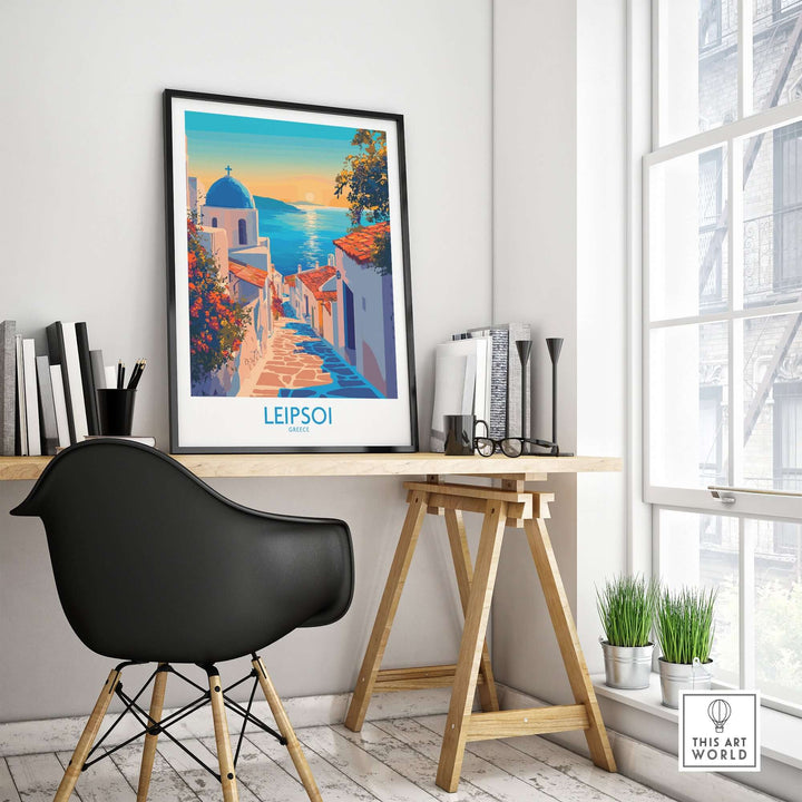 Leipsoi Greece wall art print displayed in a modern workspace, showcasing vibrant colors and serene coastal scenery.