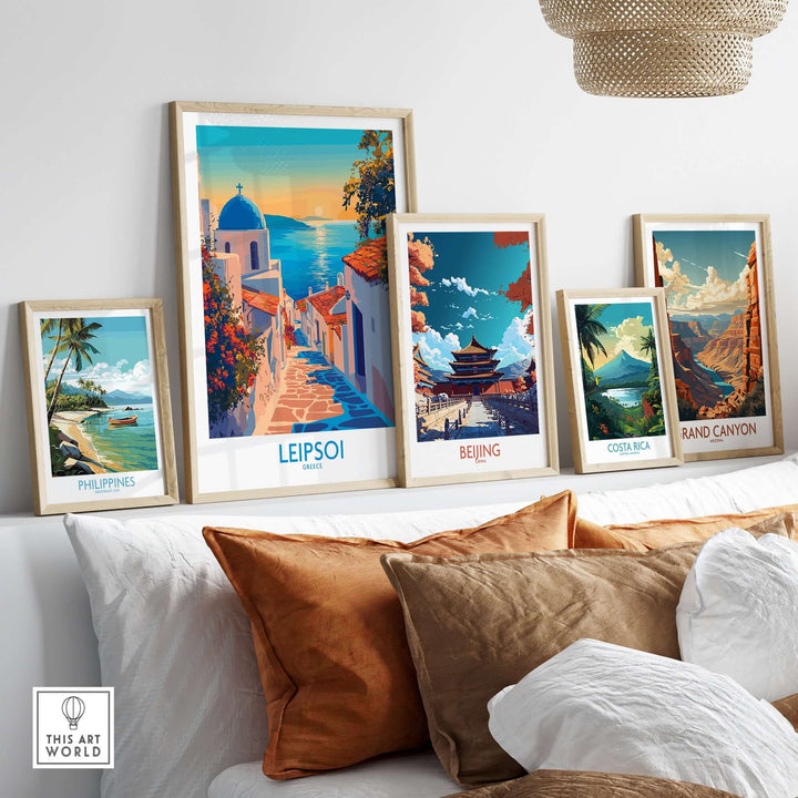 Vibrant wall art prints of Leipsoi, Greece, Beijing, Costa Rica, Philippines, and the Grand Canyon displayed in a cozy interior setting.