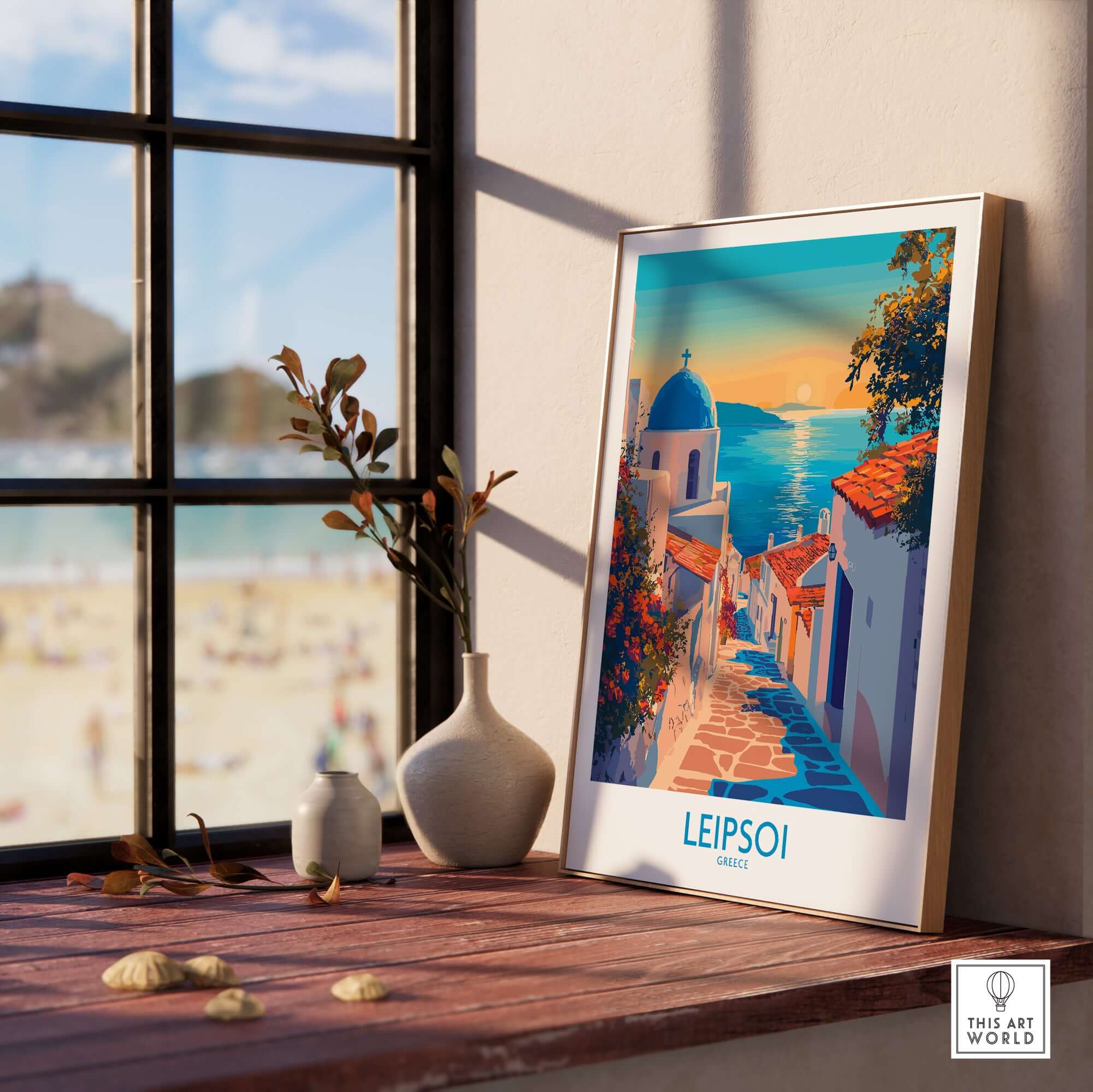 Leipsoi Greece Wall Art Print showcasing vibrant colors and tranquil scenery in a stylish interior setting.