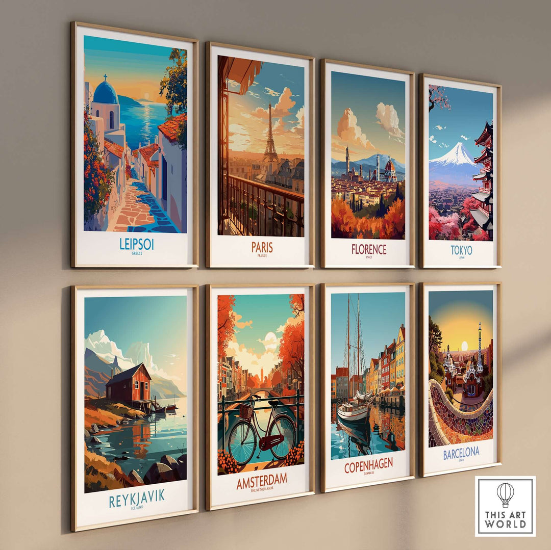 Eight vibrant travel wall art prints featuring Leipsoi, Paris, Florence, Tokyo, Reykjavik, Amsterdam, Copenhagen, and Barcelona.