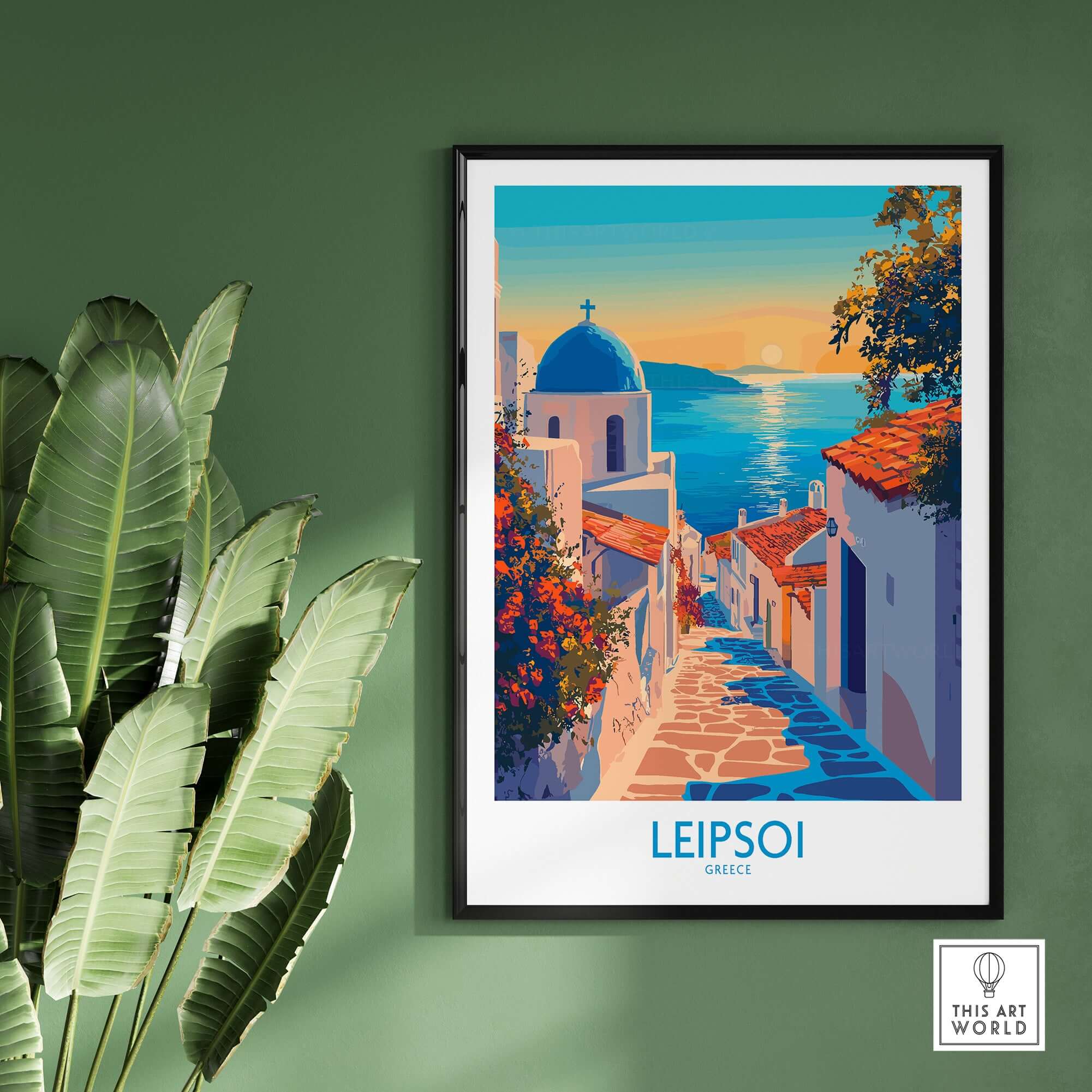 Leipsoi Greece Wall Art Print showcasing a vibrant view of a scenic street on Leipsoi island with ocean backdrop.