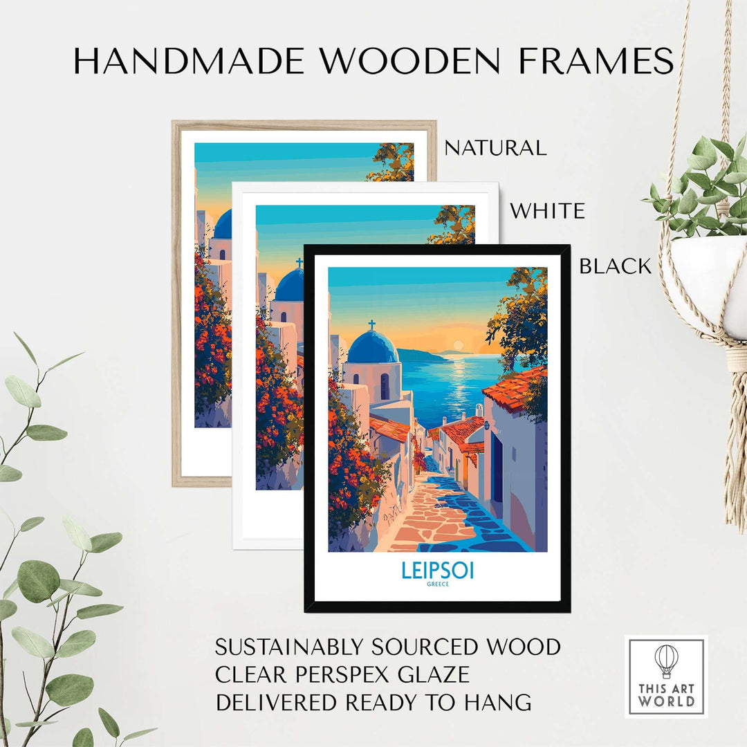 Handmade wooden frames for Leipsoi Greece wall art print in natural, white, and black finishes, ready to hang.