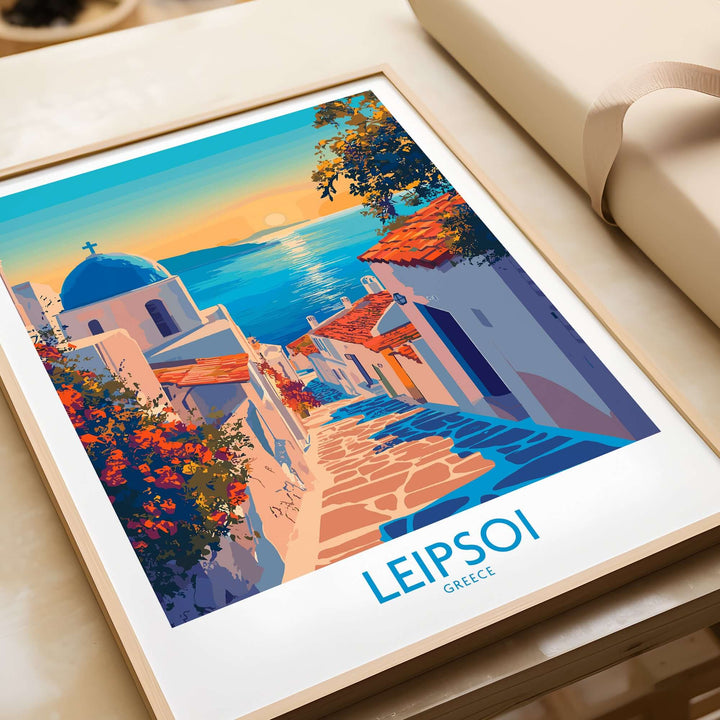 Vibrant Leipsoi Greece wall art print featuring scenic coastal view and colorful architecture, perfect for home decor.