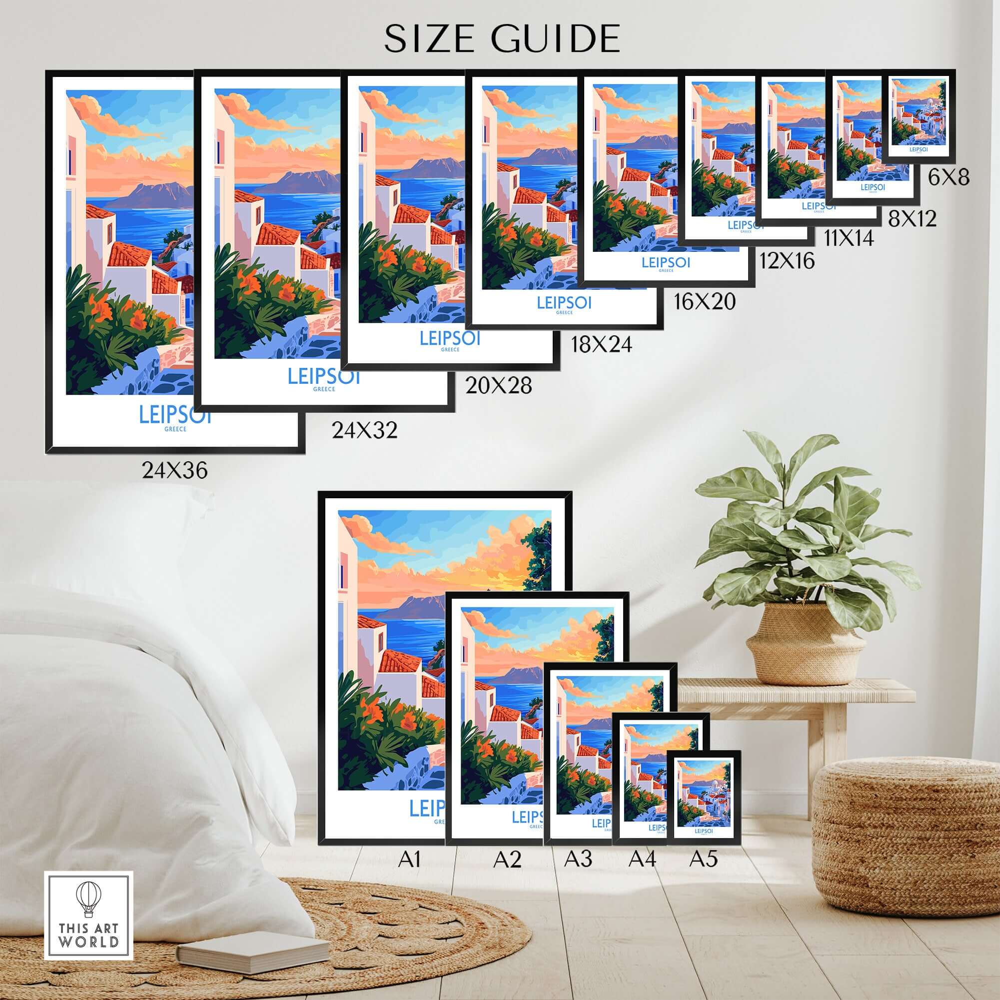 Leipsoi Travel Poster Greece Size Guide displaying various frame sizes on a stylish interior background.