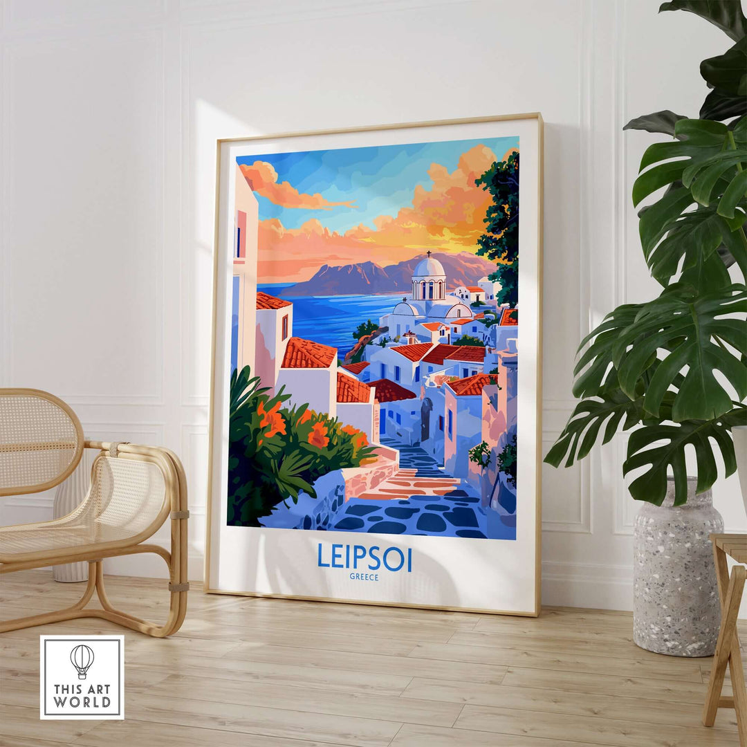 Colorful Leipsoi travel poster showcasing stunning Greek island landscapes and architecture in a modern living room setting.