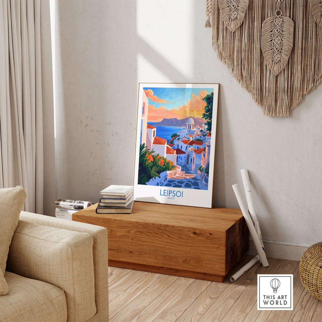 Leipsoi Travel Poster showcasing a vibrant Greek island scene, enhancing home decor and inspiring travel adventures.