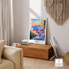 Leipsoi Travel Poster Greece displayed in a home setting with a cozy decor and natural light.