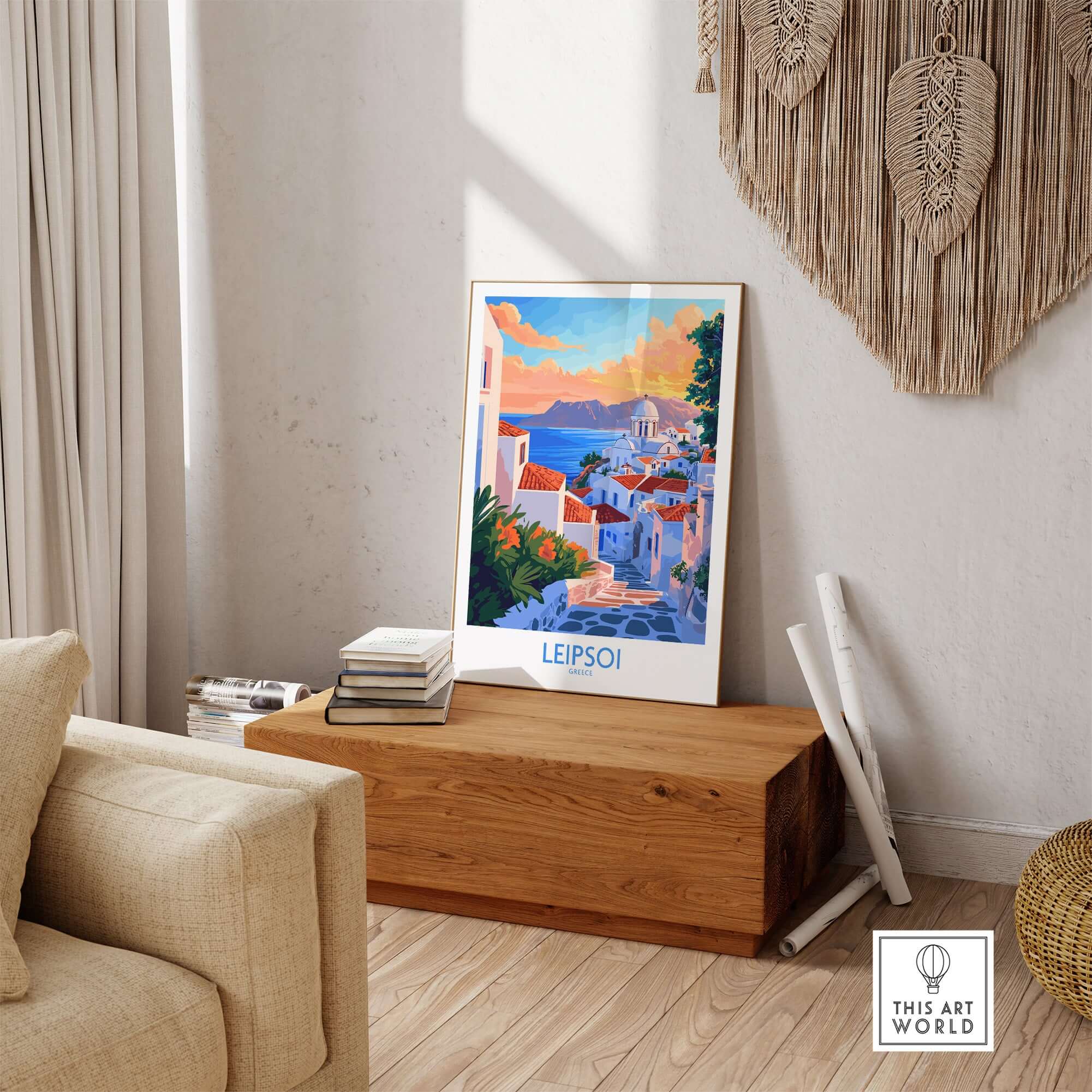 Leipsoi Travel Poster Greece displayed in a home setting with a cozy decor and natural light.
