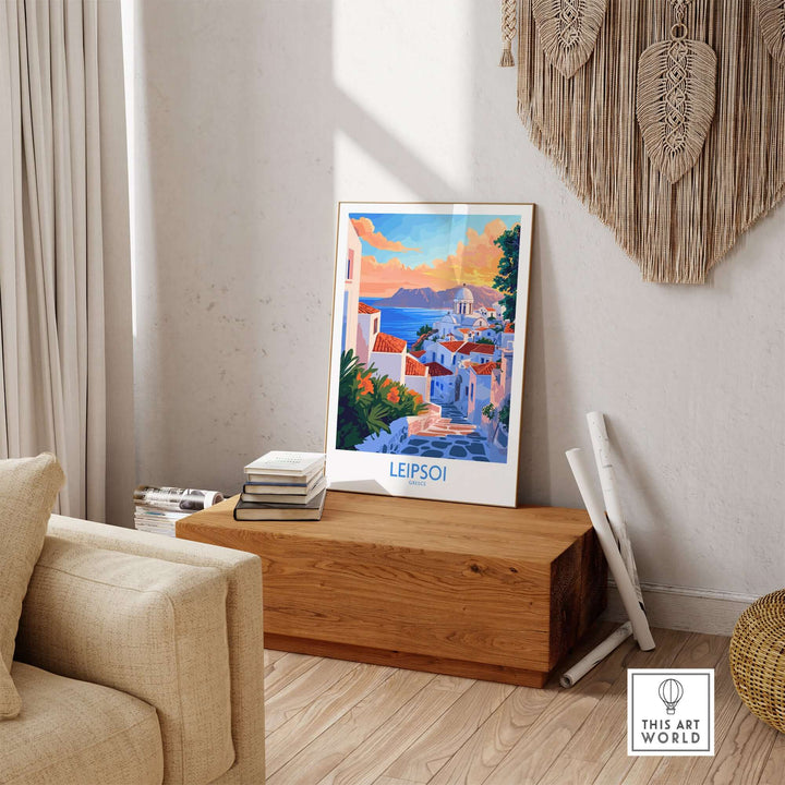 Leipsoi Travel Poster showcasing a vibrant Greek island scene, enhancing home decor and inspiring travel adventures.