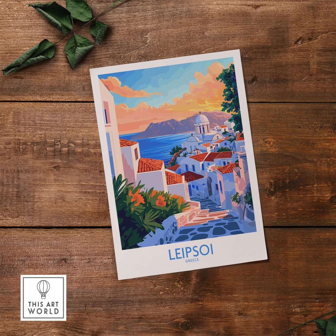 Leipsoi travel poster showcasing the beautiful landscapes and architecture of the Greek island of Leipsoi.