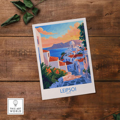 Leipsoi Travel Poster Greece showcasing vibrant landscapes and architecture of Leipsoi island.