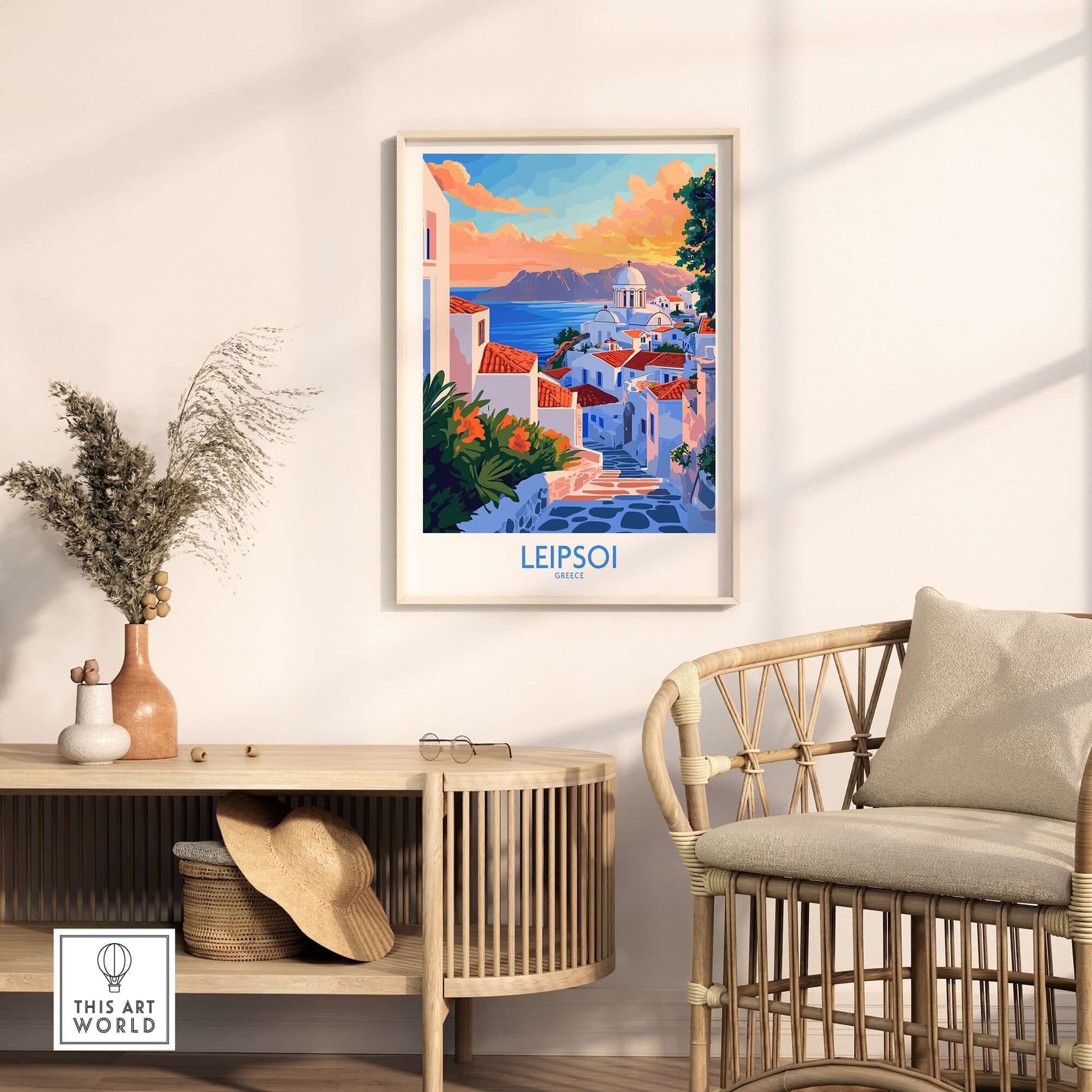 Leipsoi Travel Poster Greece showcasing the picturesque beauty of Leipsoi island in a modern interior setting.