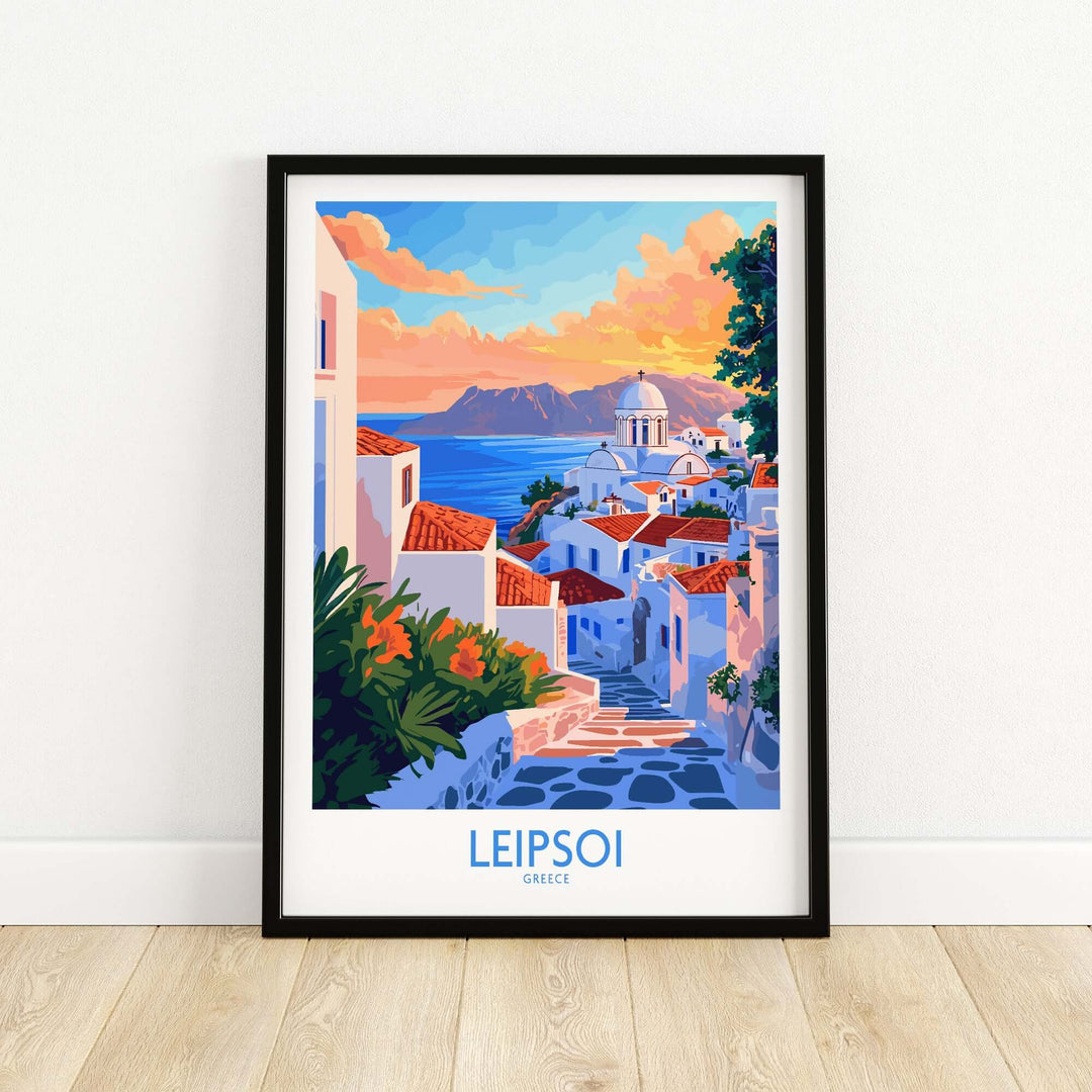 Leipsoi Travel Poster showcasing vibrant Greek island scenery with charming white buildings and stunning landscape vistas.