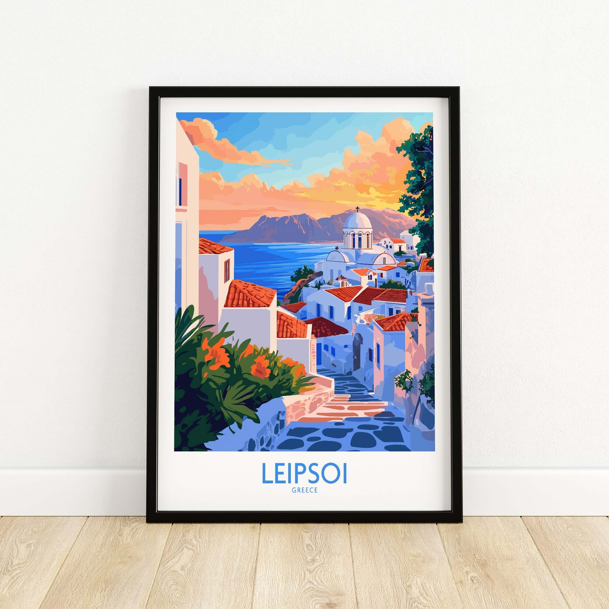 Leipsoi Travel Poster Greece showcasing a vibrant Greek island landscape with charming architecture.