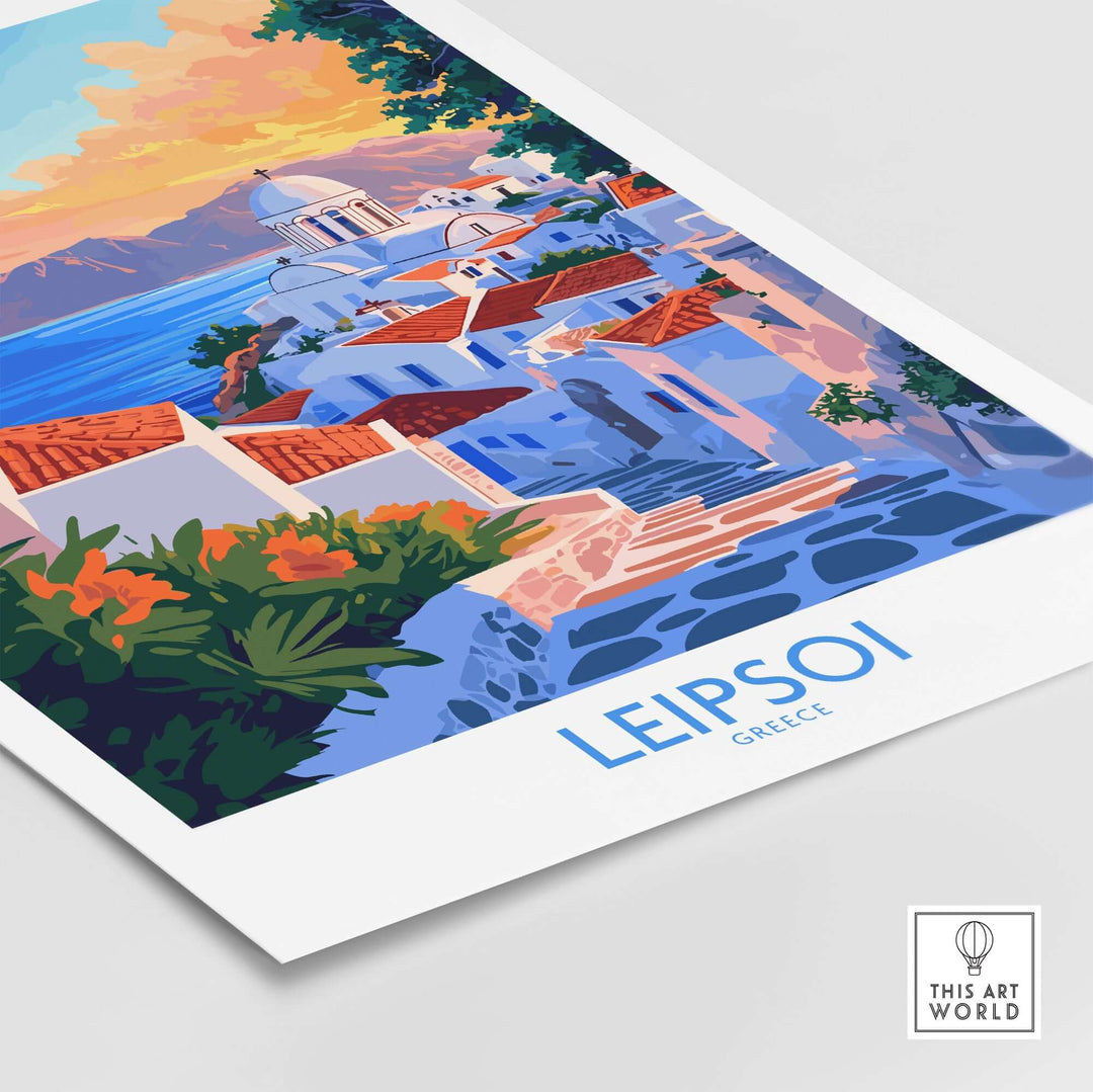 Leipsoi Travel Poster showcasing vibrant Greek landscapes and architecture, evoking a sense of adventure and beauty in Greece.