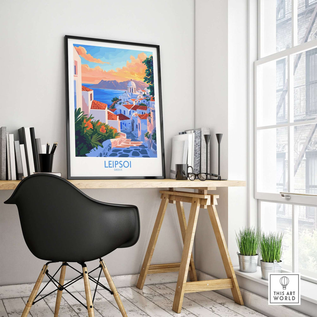 Leipsoi Travel Poster displayed in a modern workspace, showcasing the beautiful Greek island scenery and vibrant colors.