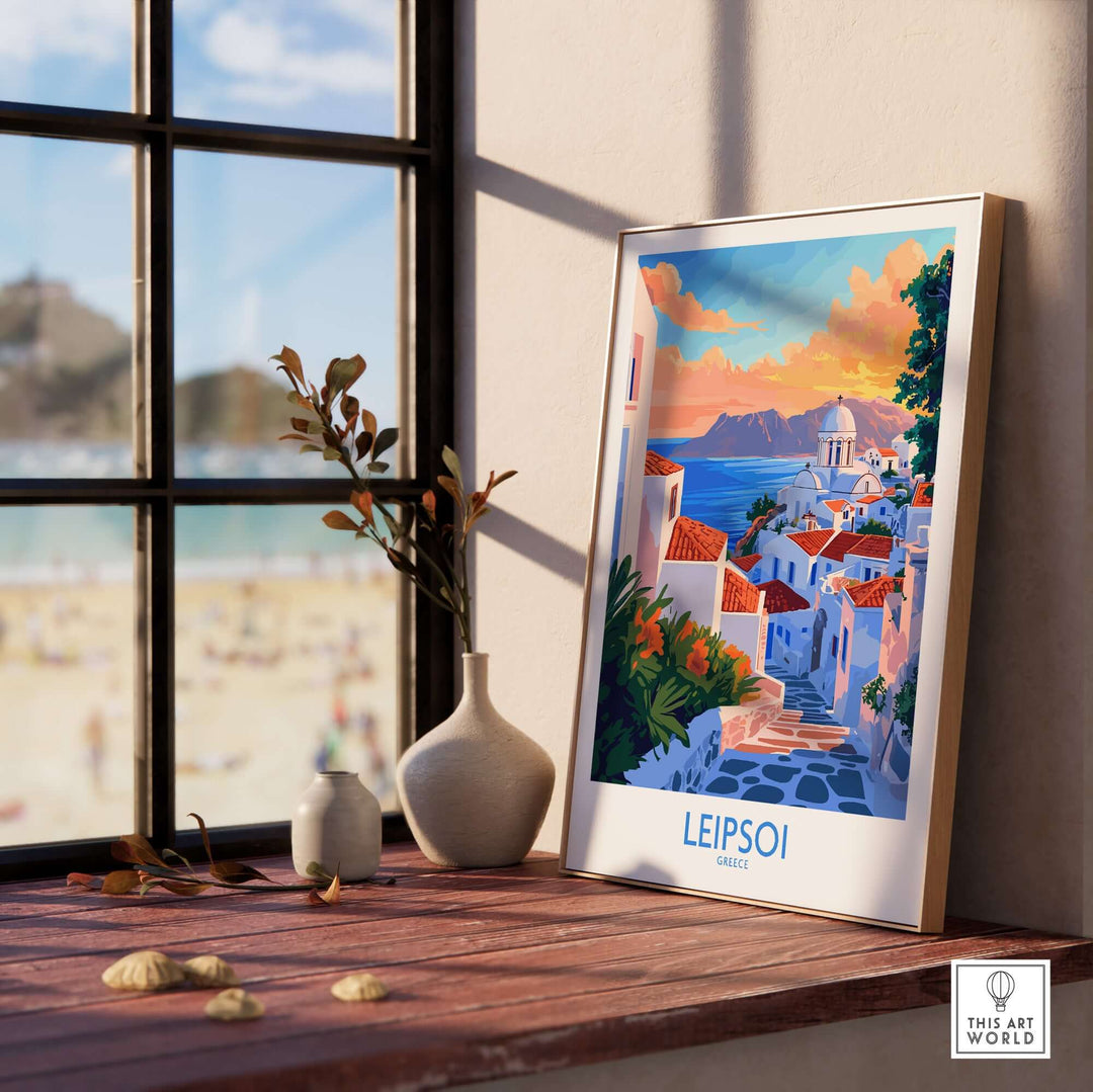 Leipsoi Travel Poster displayed on a windowsill, showcasing vibrant Greek island scenery and a beach view outside.