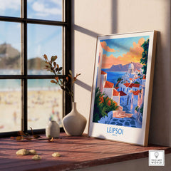 Leipsoi Travel Poster Greece on a windowsill, showcasing vibrant landscapes and cultural charm of Greece.