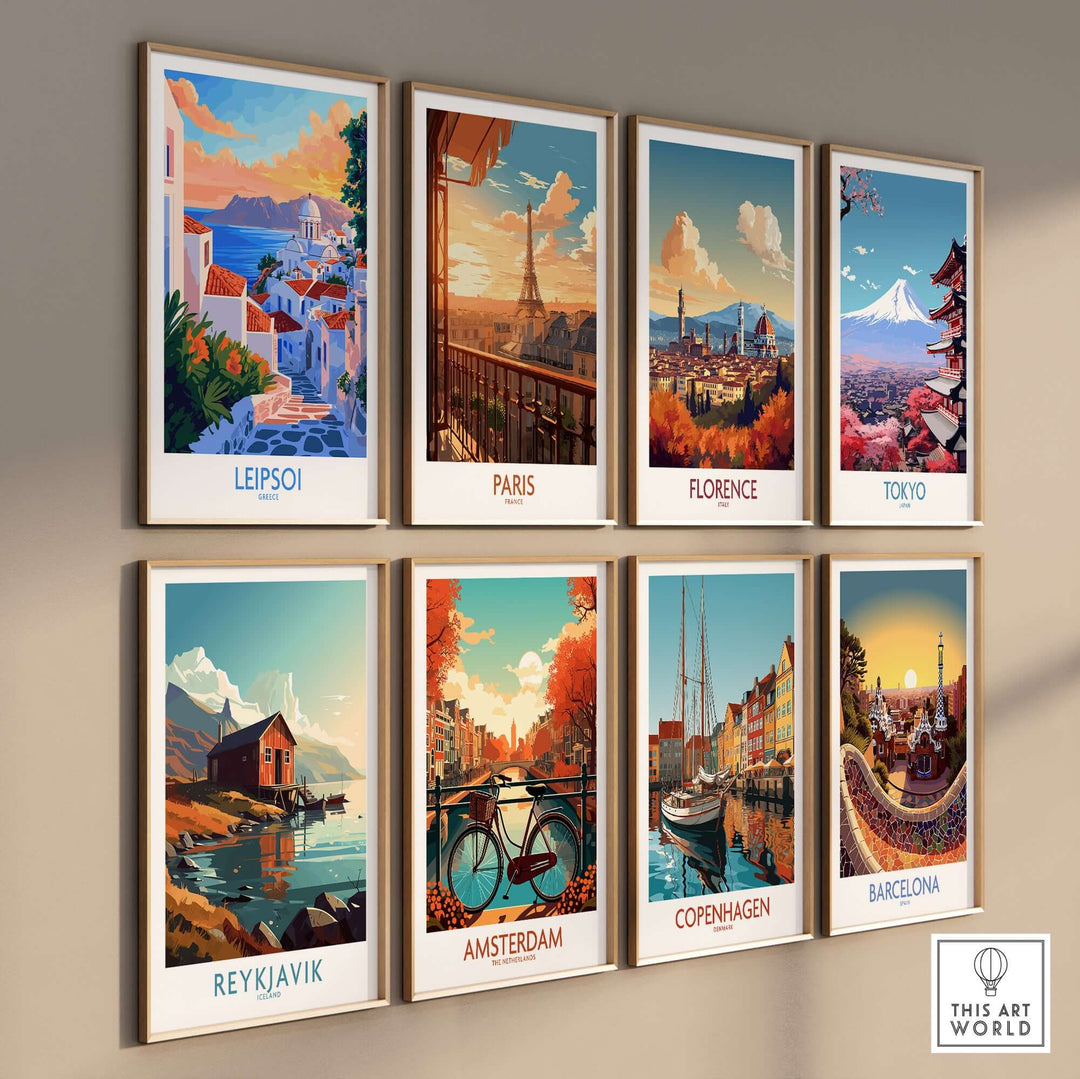 Collection of travel posters featuring Leipsoi, Paris, Florence, Tokyo, Reykjavik, Amsterdam, Copenhagen, and Barcelona.