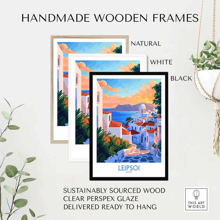 Handmade wooden frames in natural, white, and black styles showcasing the Leipsoi travel poster with vibrant Greek landscapes.