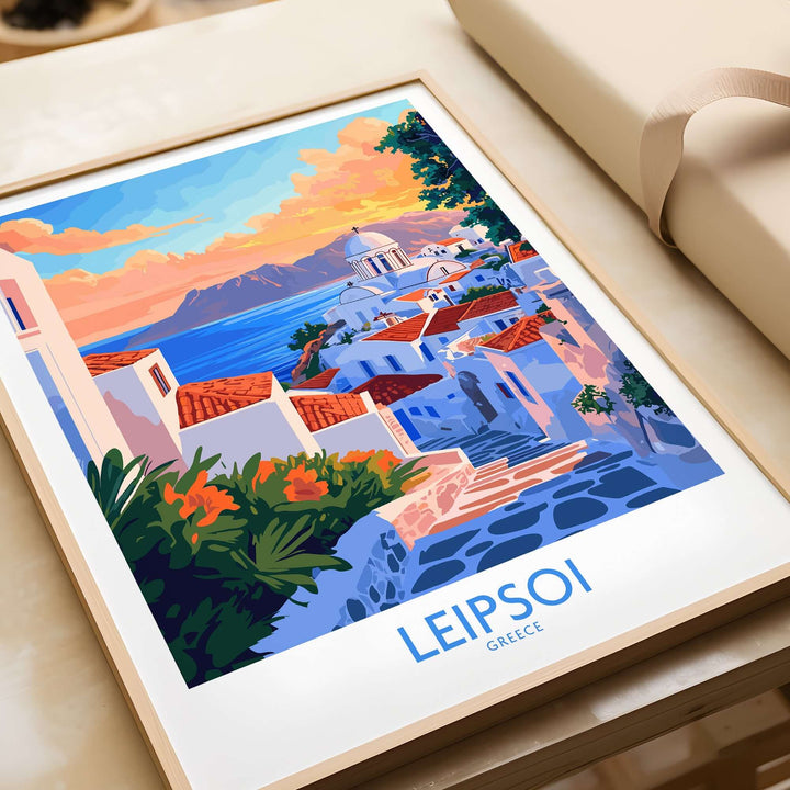 Leipsoi travel poster showcasing vibrant Greek landscapes and architecture, perfect for inspiring travel dreams.