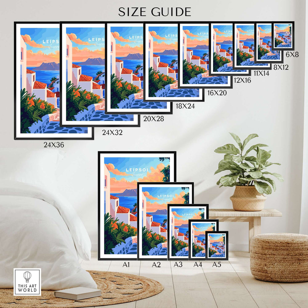 Size guide for Leipsoi Travel Print Greece, showcasing various frame sizes in a cozy room setting.