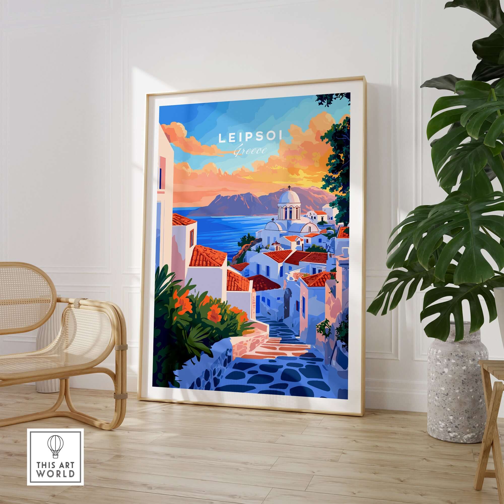 Leipsoi Travel Print Greece featuring a colorful depiction of a Greek island village in a stylish interior setting.